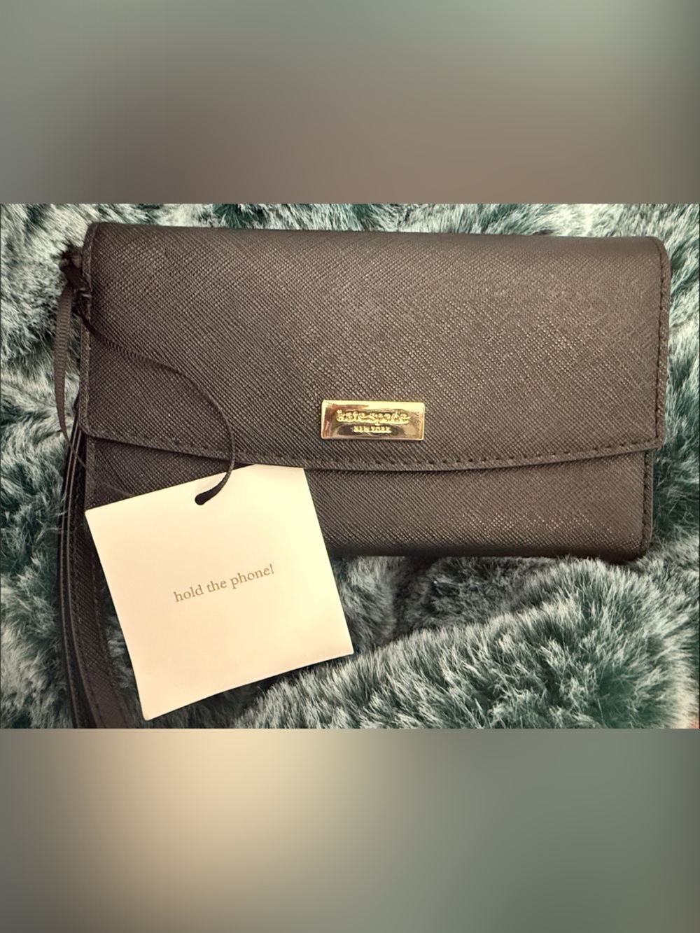 Kate Spade Black Textured Wristlet Clutch with Gold Plaque